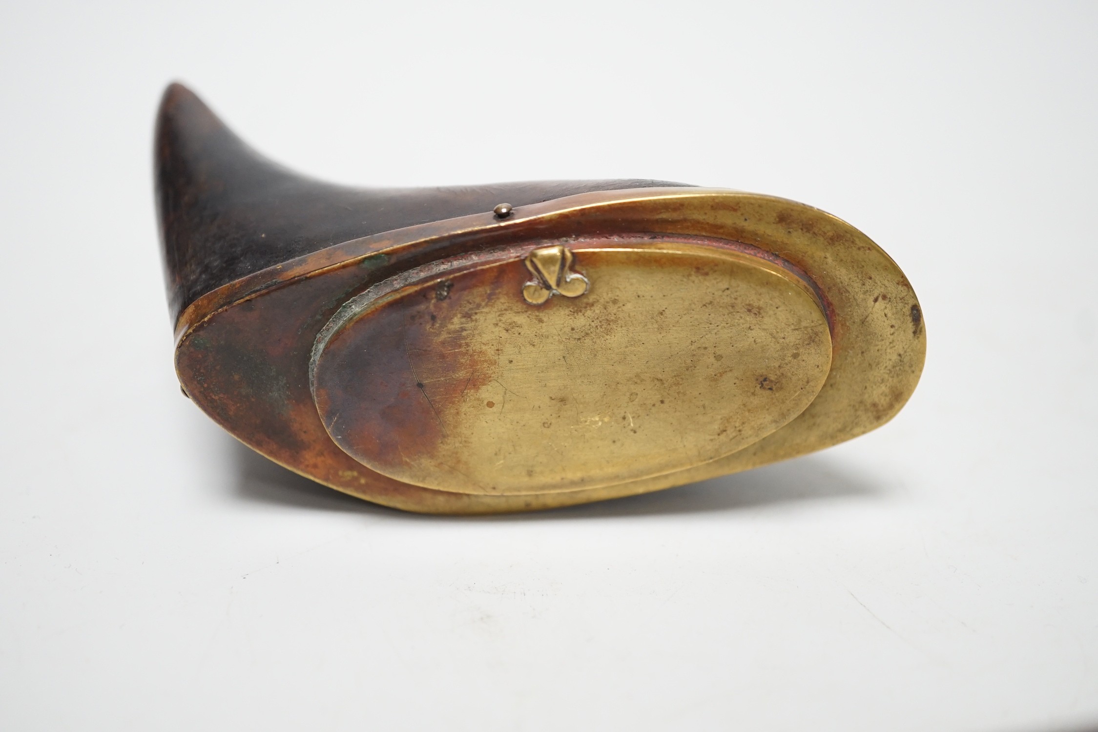 A brass mounted horn snuff box and a small spokeshave. 25cm long
